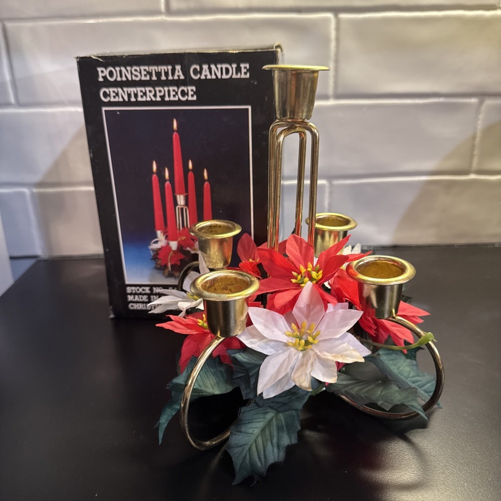 Vintage 5 Taper‎ Candle Centerpiece Holder W Poinsettia Floral Ring 7.5"